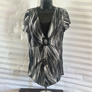 Ashley J Women’s Pleated Blouse Short Sleeve Sequin Accent Top Dressy Shirt